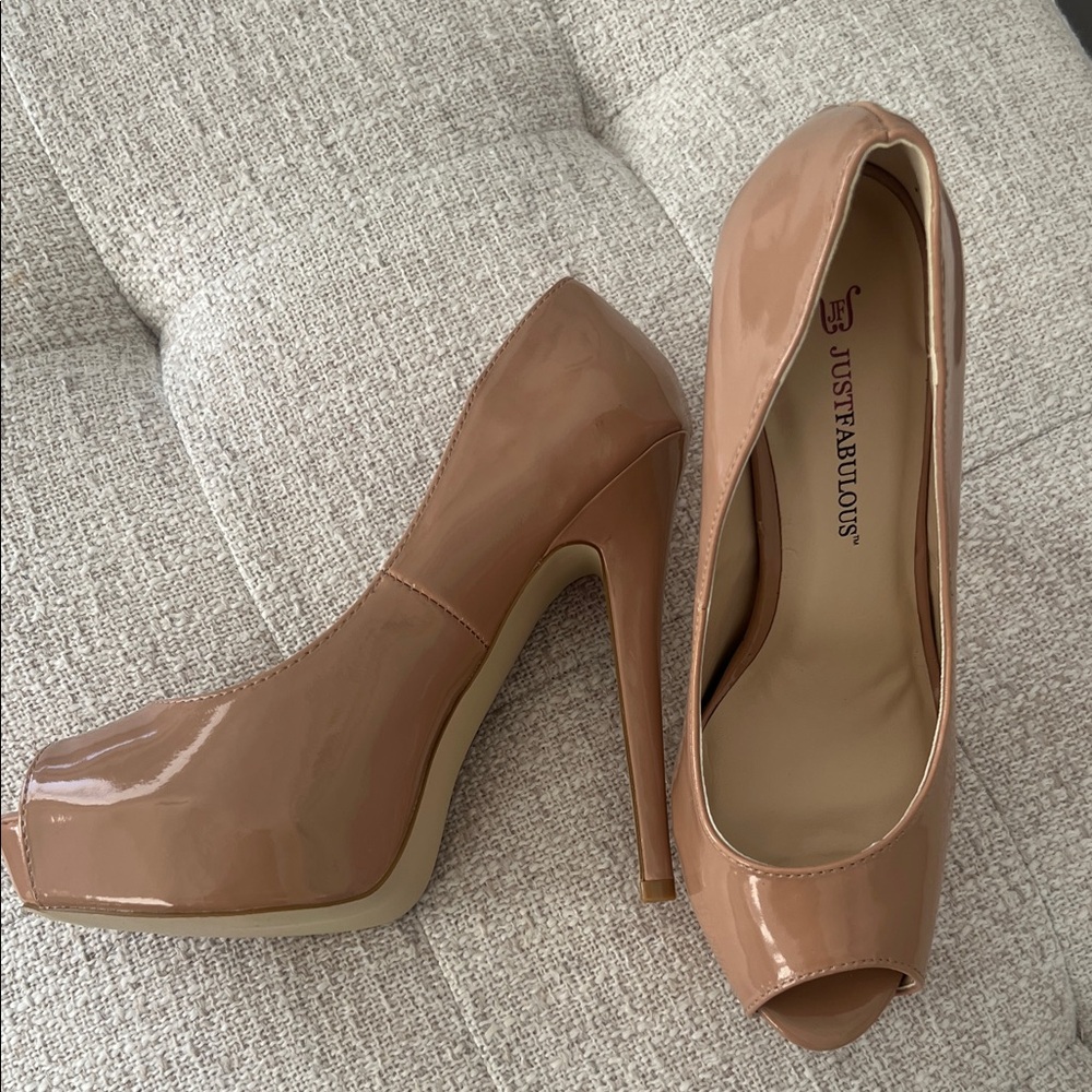 JustFab Women's Tan Peep Toe Heels